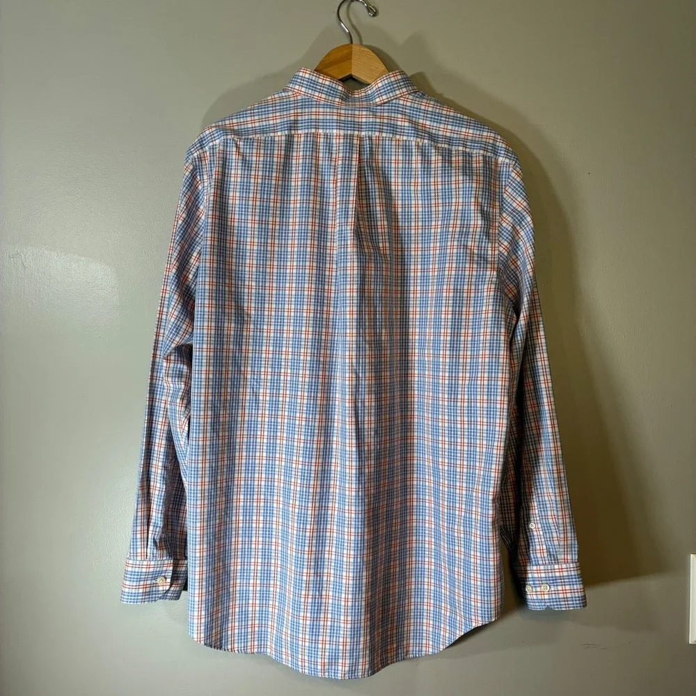Banana Republic Mens XL Non-Iron Classic Fit Plaid Button Down Shirt Blue Orange
